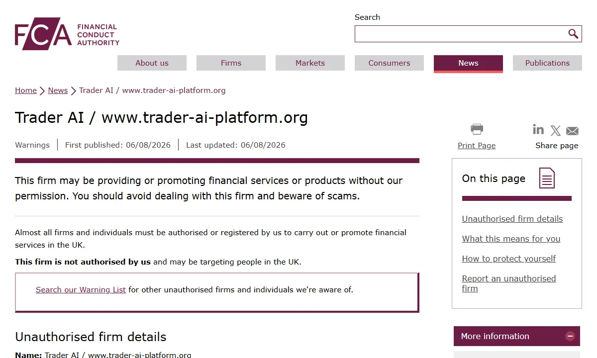Скриншот официального сообщения FCA по делу Trader AI / trader-ai-platform.org