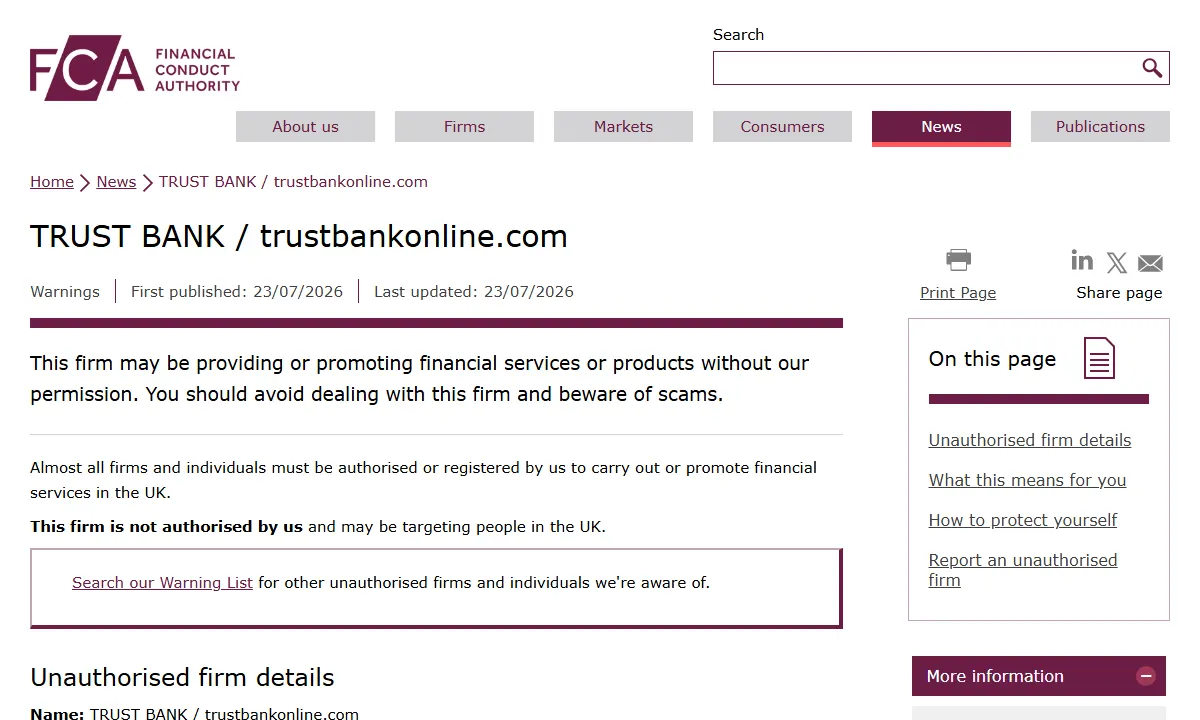 Скриншот официального сообщения FCA по делу TRUST BANK / trustbankonline.com
