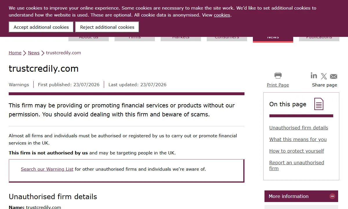Скриншот официального сообщения FCA по делу trustcredily.com