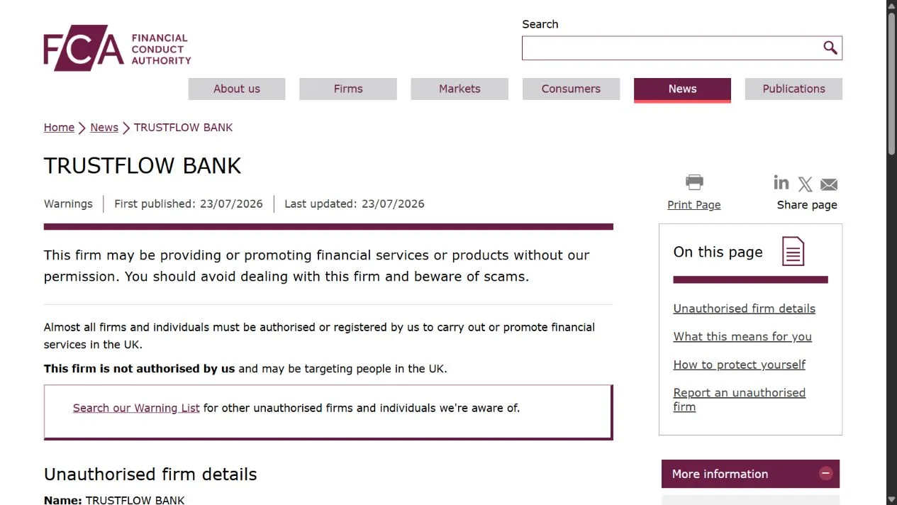 Скриншот официального сообщения FCA по делу TRUSTFLOW BANK