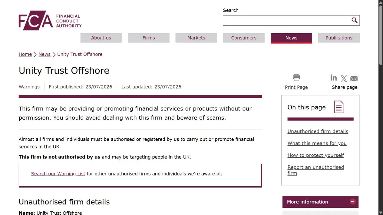 Скриншот официального сообщения FCA по делу Unity Trust Offshore