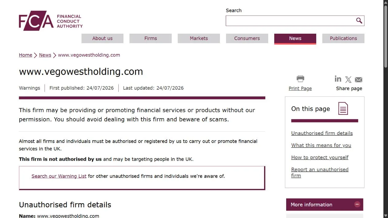 Скриншот официального сообщения FCA по делу www.vegowestholding.com