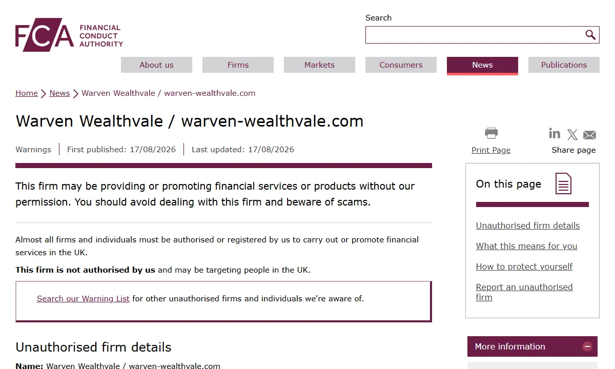 Скриншот официального сообщения FCA по делу Warven Wealthvale