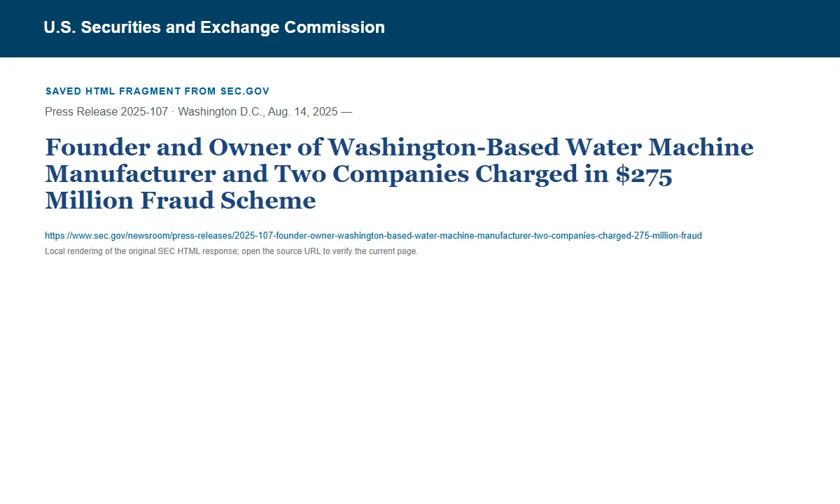 Снимок сохранённого HTML-фрагмента сообщения SEC по делу Water Station Management