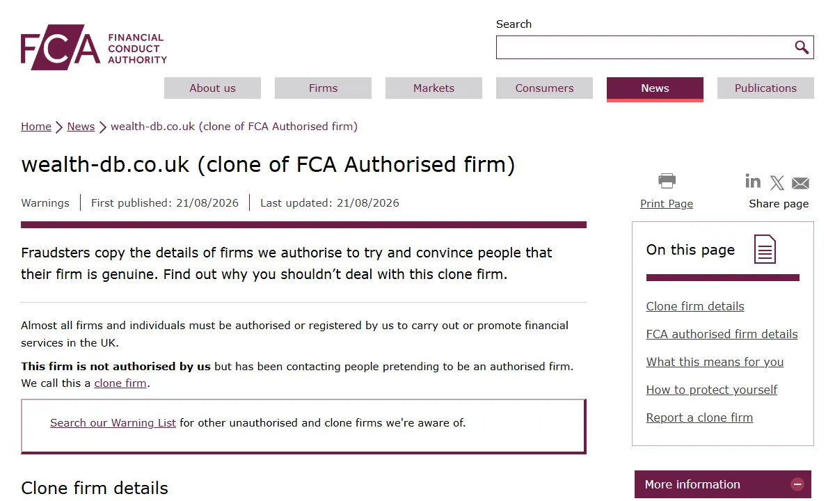 Скриншот официального сообщения FCA по делу wealth-db.co.uk
