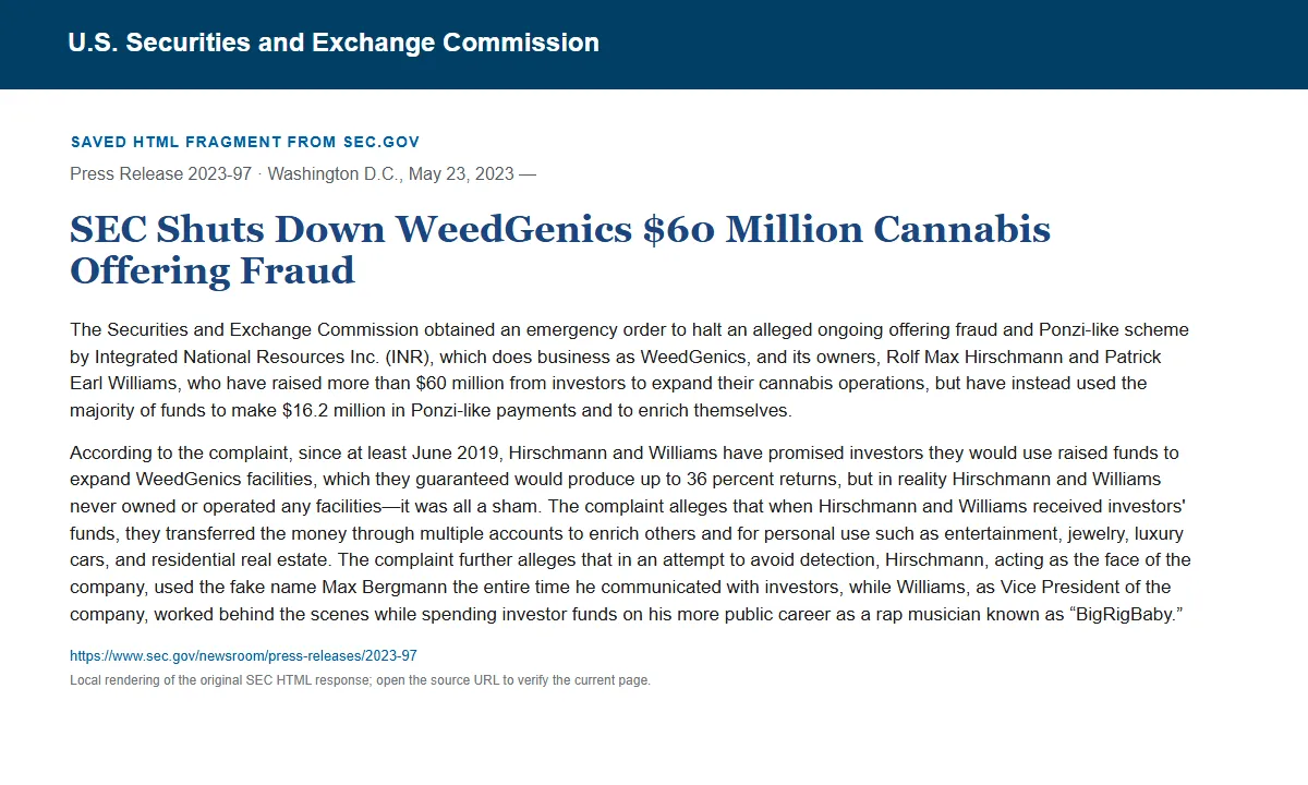 Снимок сохранённого HTML-фрагмента сообщения SEC по делу WeedGenics