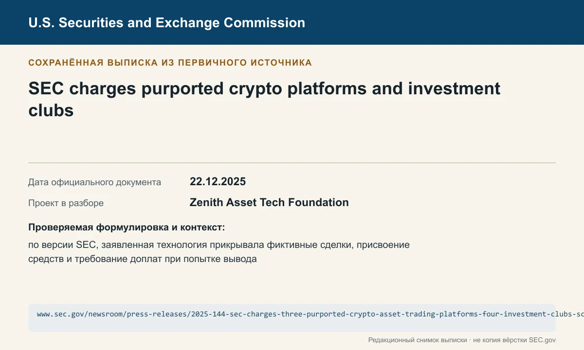 Снимок сохранённой выписки из сообщения SEC по делу Zenith Asset Tech Foundation