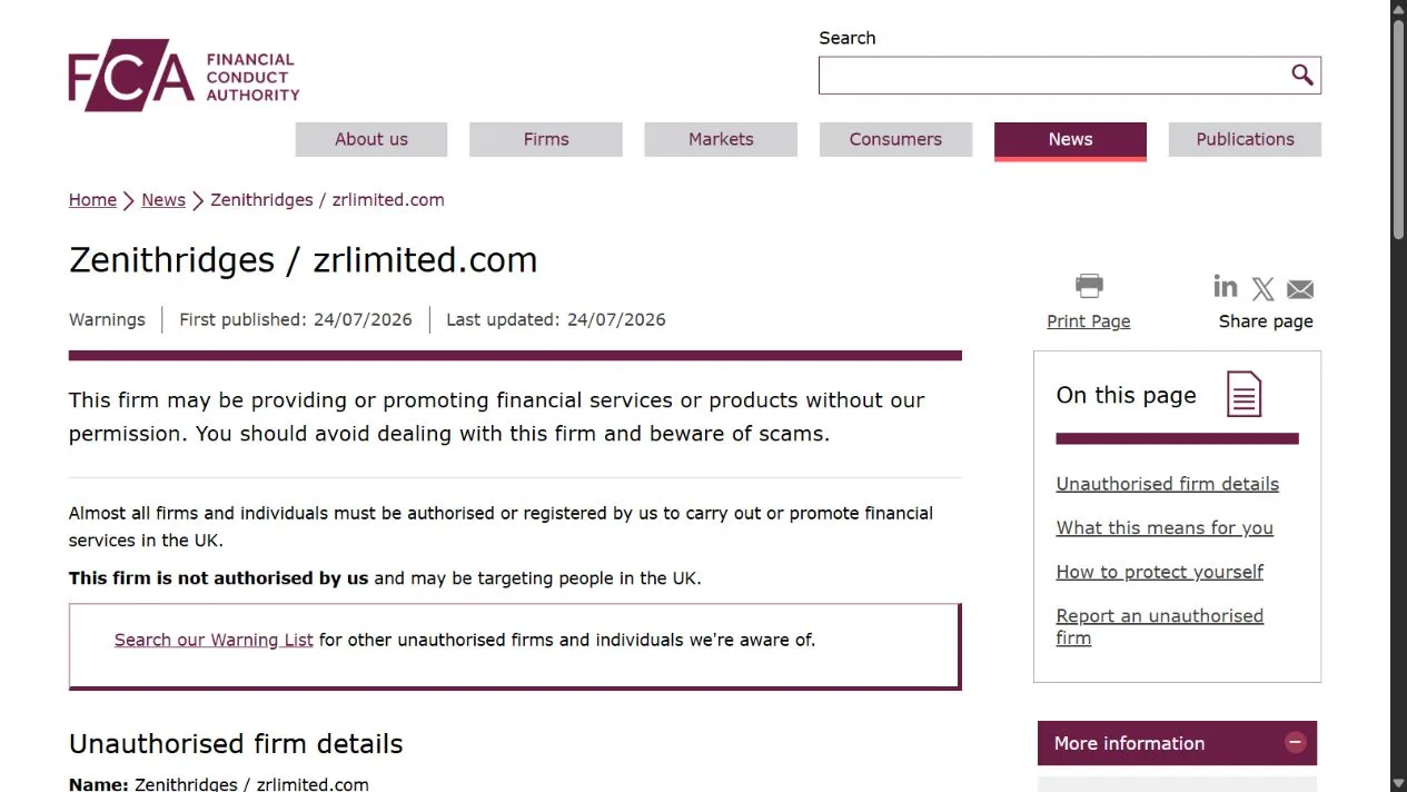 Скриншот официального сообщения FCA по делу Zenithridges / zrlimited.com